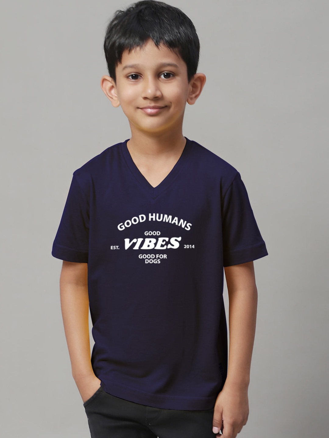 

Friskers Boys Typography Printed V-Neck Cotton Slim Fit T-shirt, Navy blue