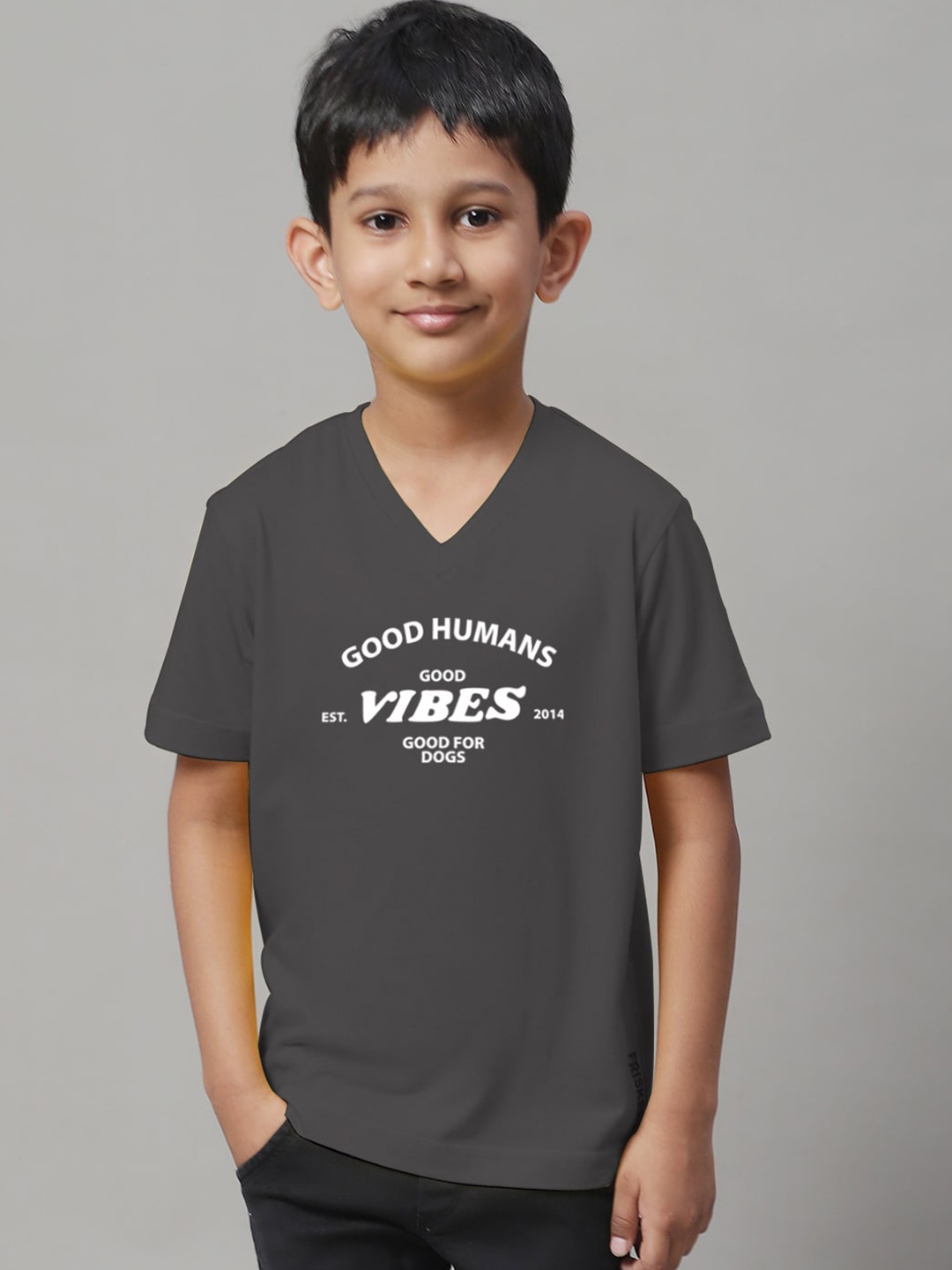 

Friskers Boys Typography Printed V-Neck Slim Fit T-shirt, Grey