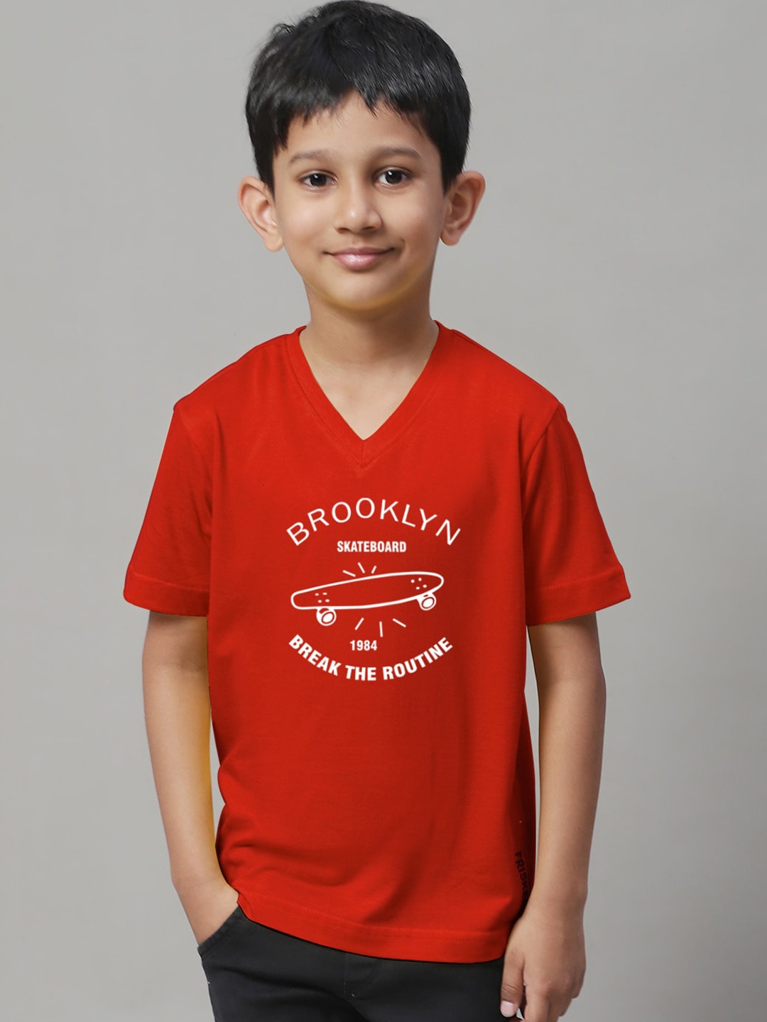 

Friskers Boys Typography Printed V-Neck Pure Cotton T-Shirt, Red