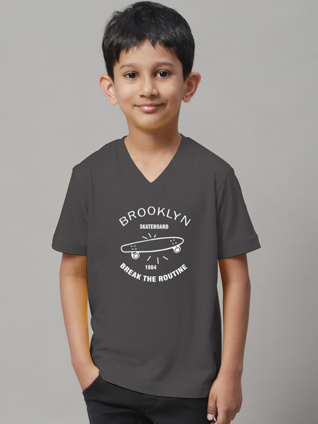 

Friskers Boys Typography Printed V-Neck Slim Fit Pure Cotton T-shirt, Grey