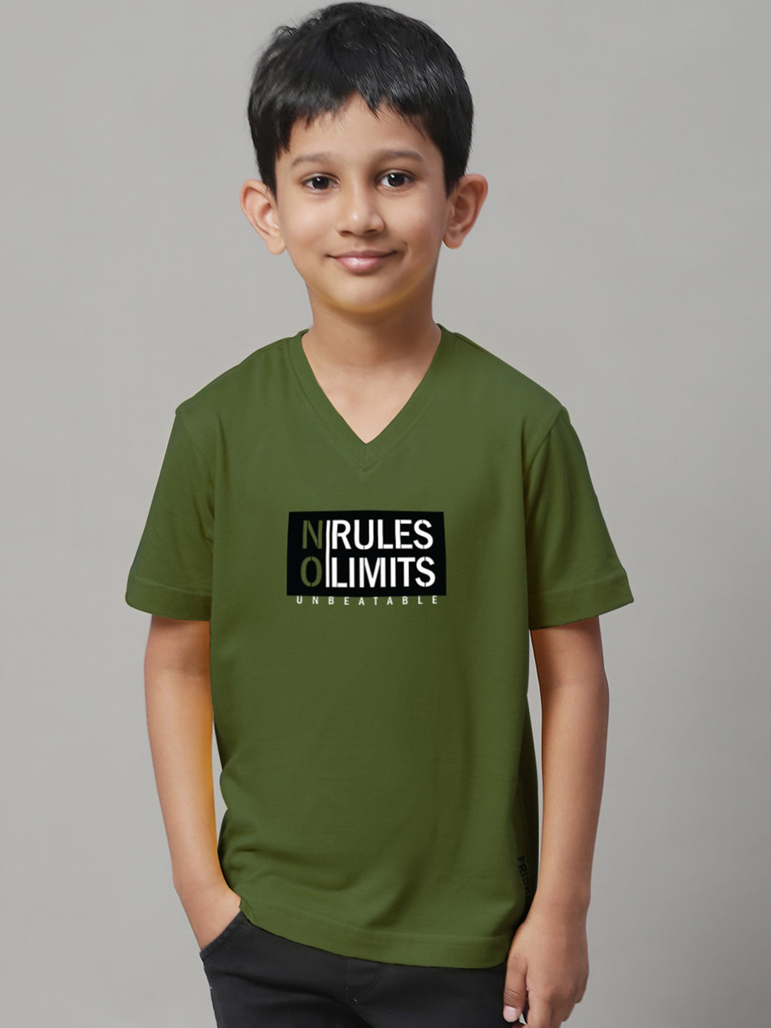 

Friskers Boys Typography Printed V-Neck Slim Fit Pure Cotton T-shirt, Olive