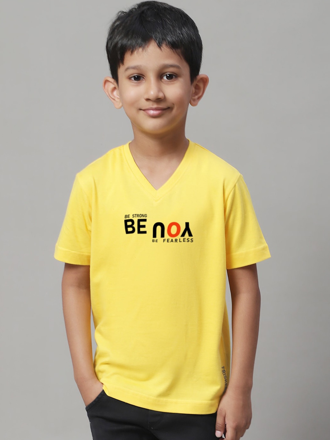 

Friskers Boys Typography Printed V-Neck Slim Fit Pure Cotton T-shirt, Yellow
