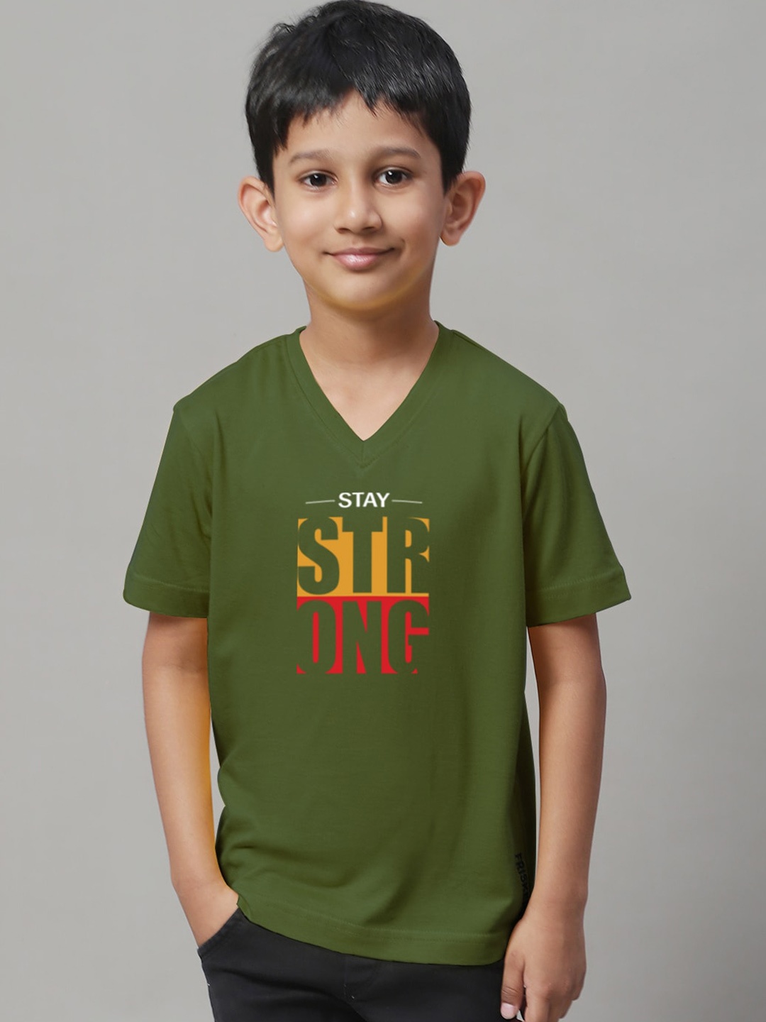 

Friskers Boys Typography Printed V-Neck Slim Fit Pure Cotton T-shirt, Olive