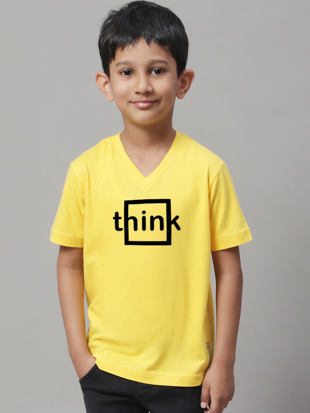 

Friskers Boys Typography Printed V-Neck Slim Fit Pure Cotton T-shirt, Yellow