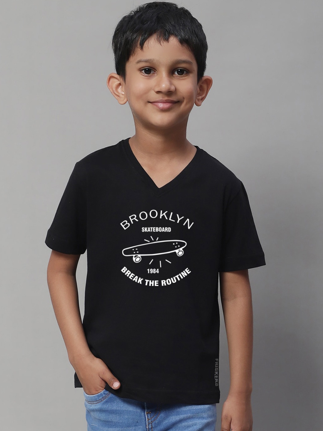 

Friskers Boys Typography Printed V-Neck Slim Fit Pure Cotton T-shirt, Black