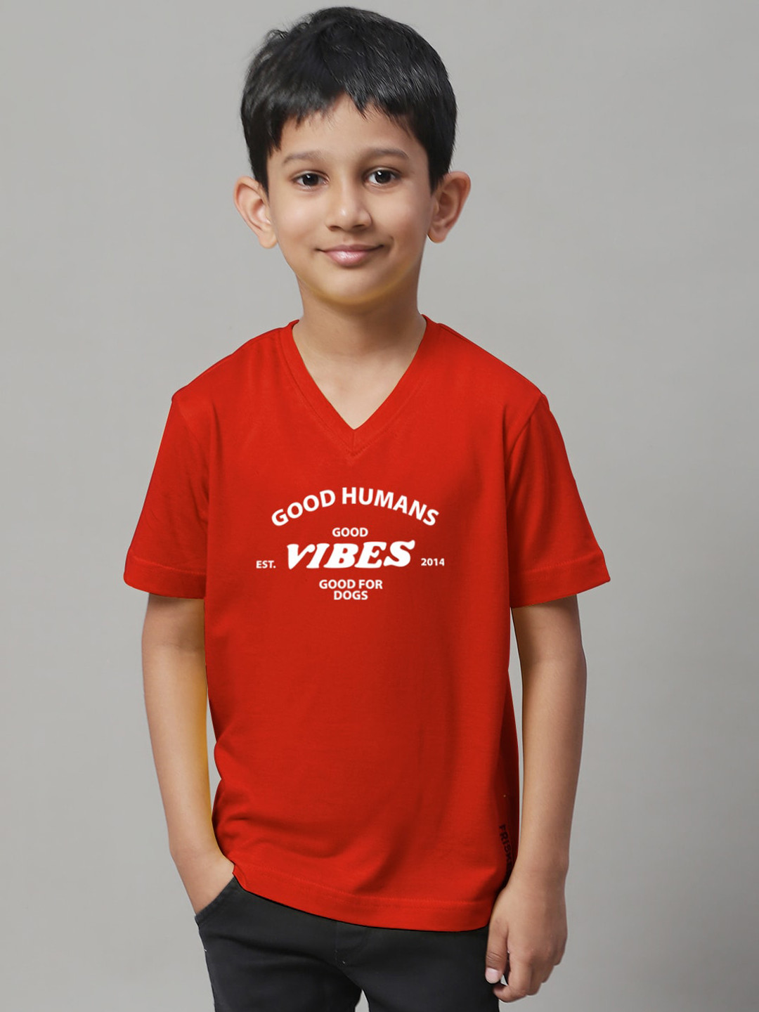 

Friskers Boys Typography Printed V-Neck Slim Fit Pure Cotton T-shirt, Red