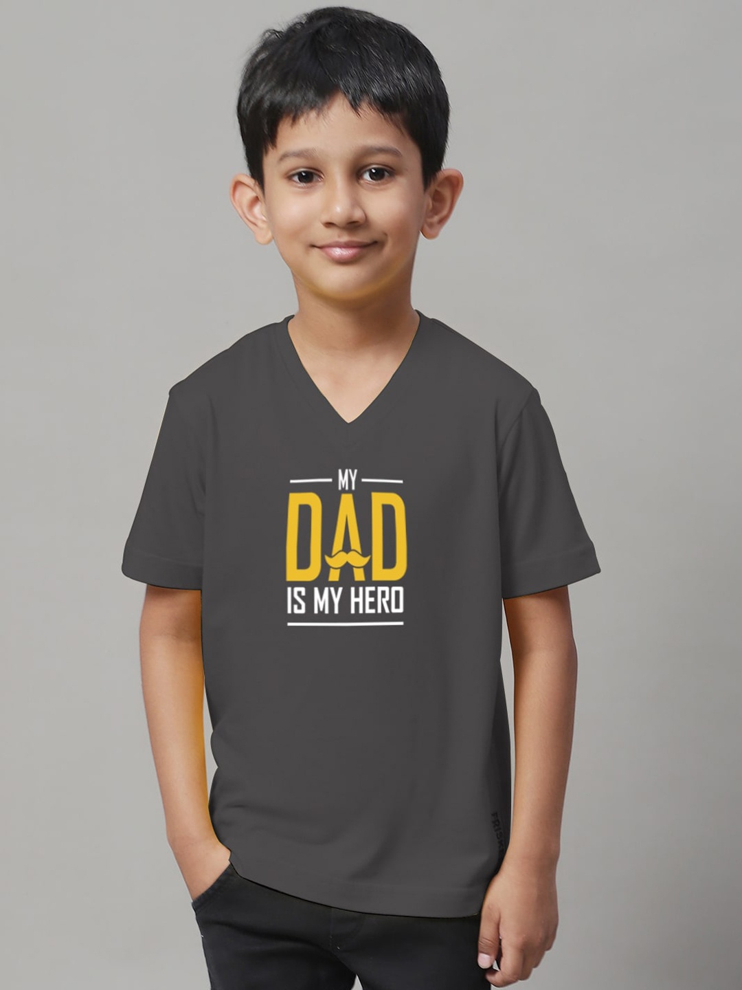 

Friskers Boys Typography Printed V-Neck Slim Fit Pure Cotton T-shirt, Grey