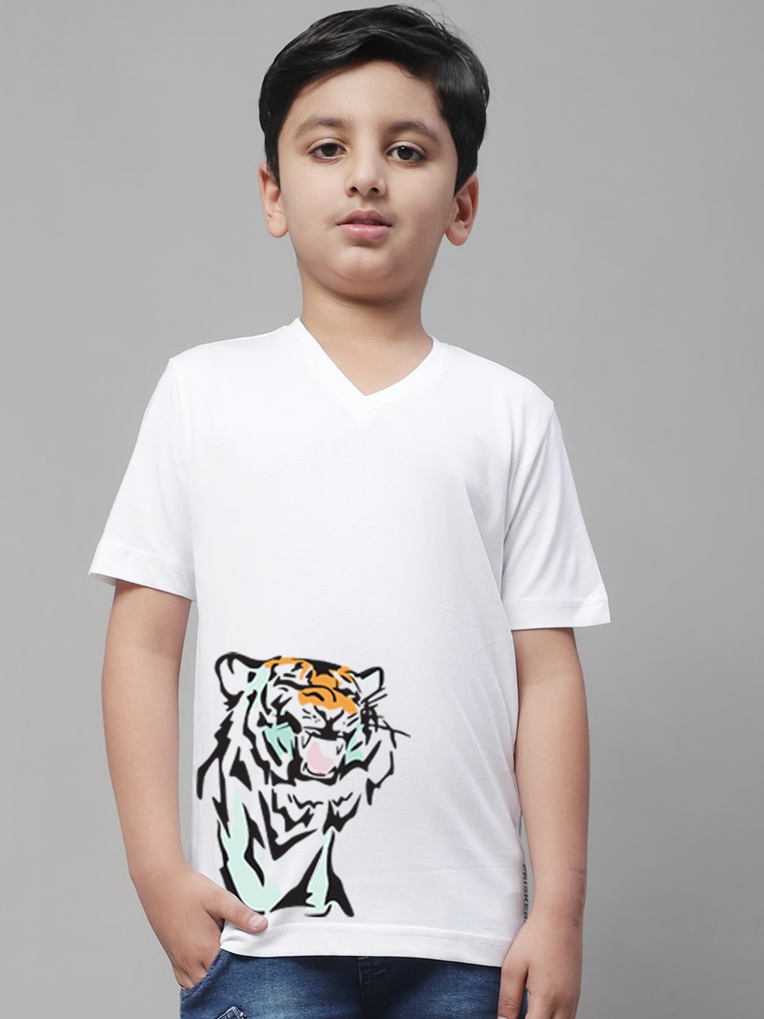 

Friskers Boys Graphic Printed V-Neck Slim Fit Pure Cotton T-shirt, White