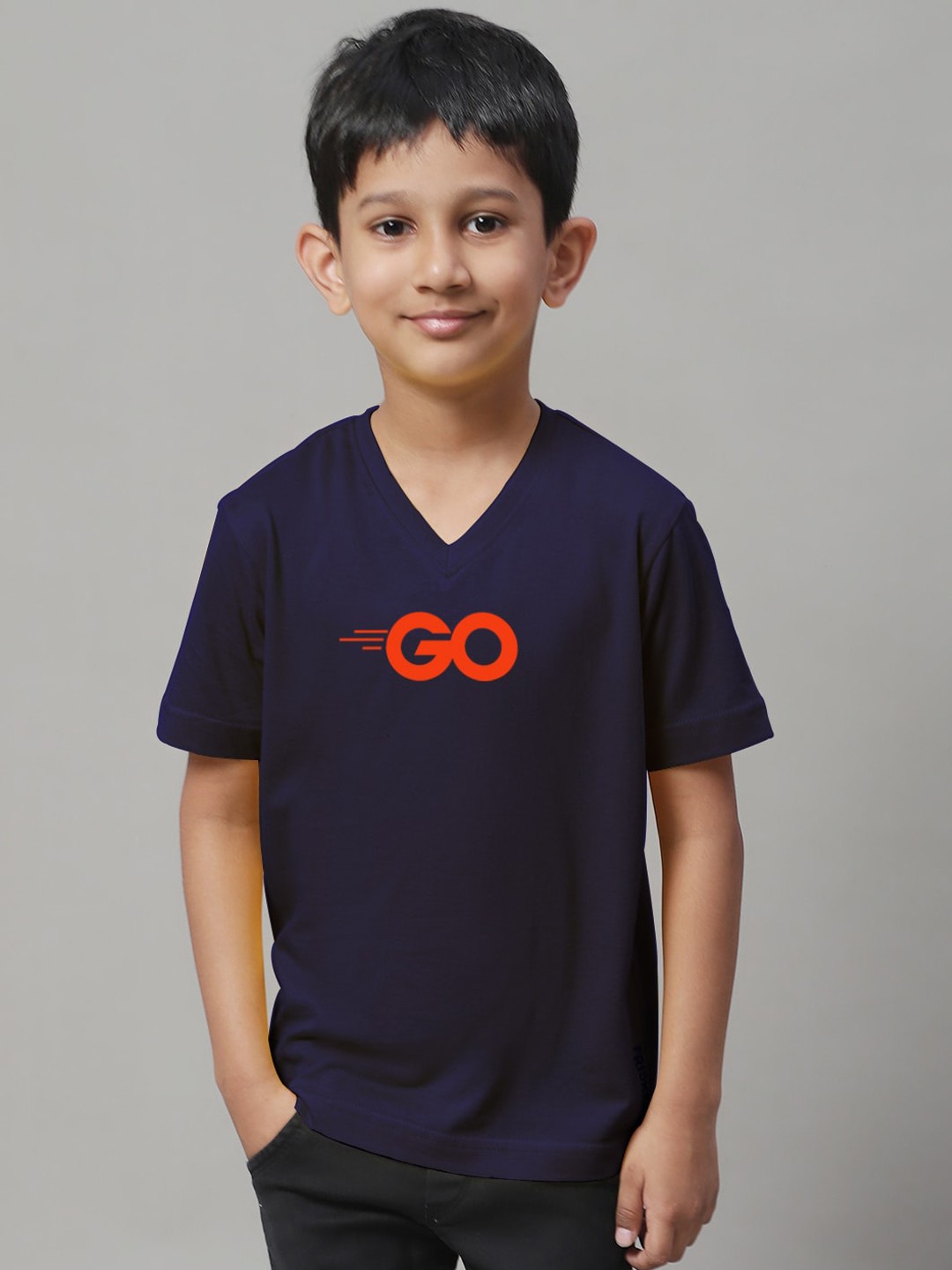 

Friskers Boys Typography Printed V-Neck Slim Fit Pure Cotton T-shirt, Navy blue
