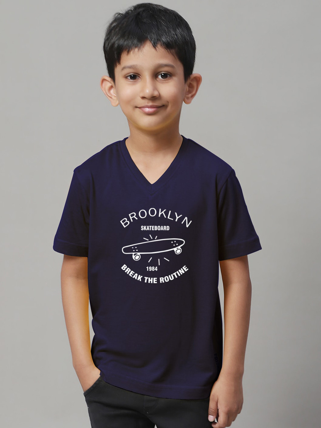 

Friskers Boys Typography Printed V-Neck Slim Fit Pure Cotton T-shirt, Navy blue