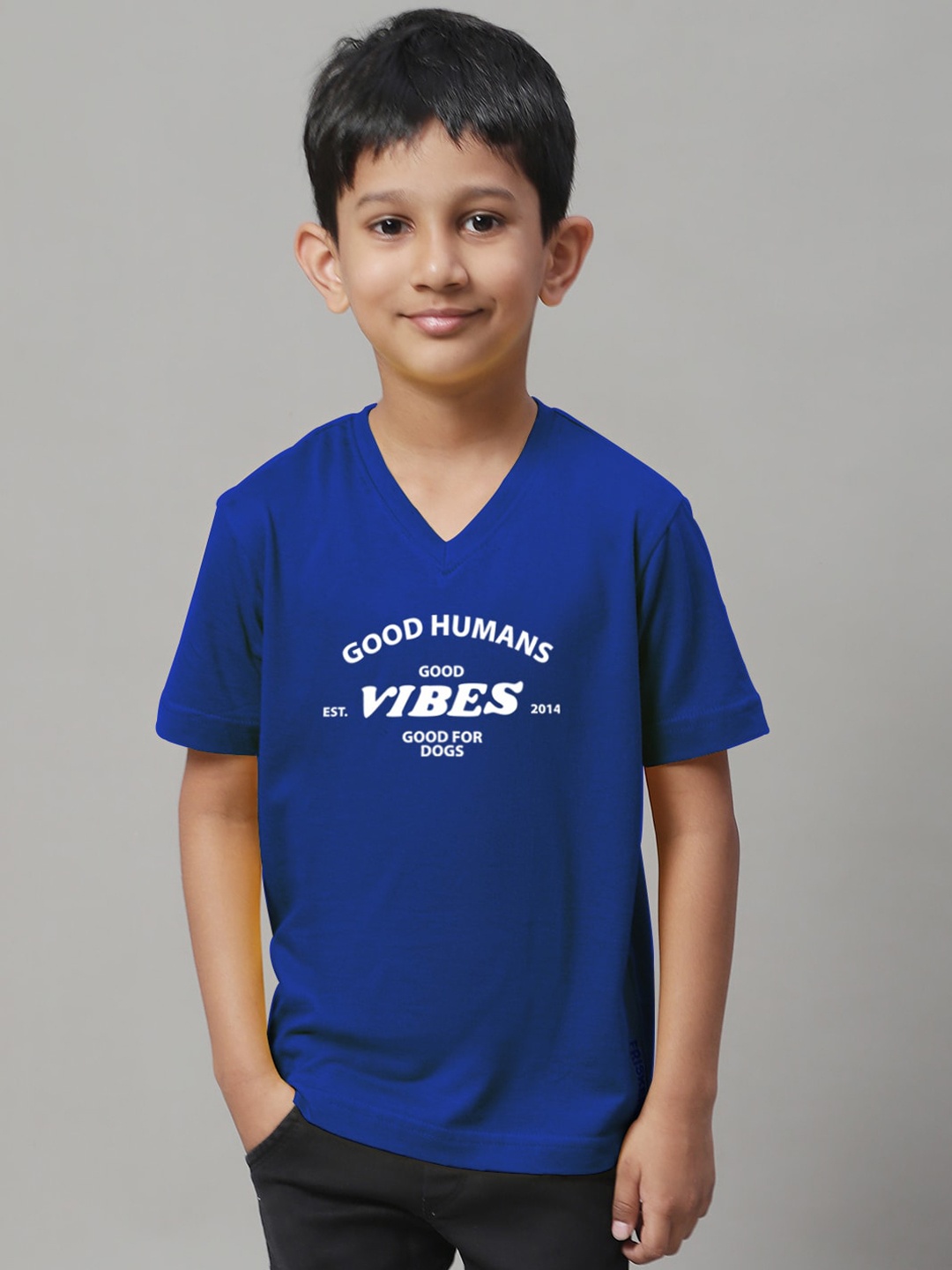 

Friskers Boys Typography Printed V-Neck Slim Fit Pure Cotton T-shirt, Blue