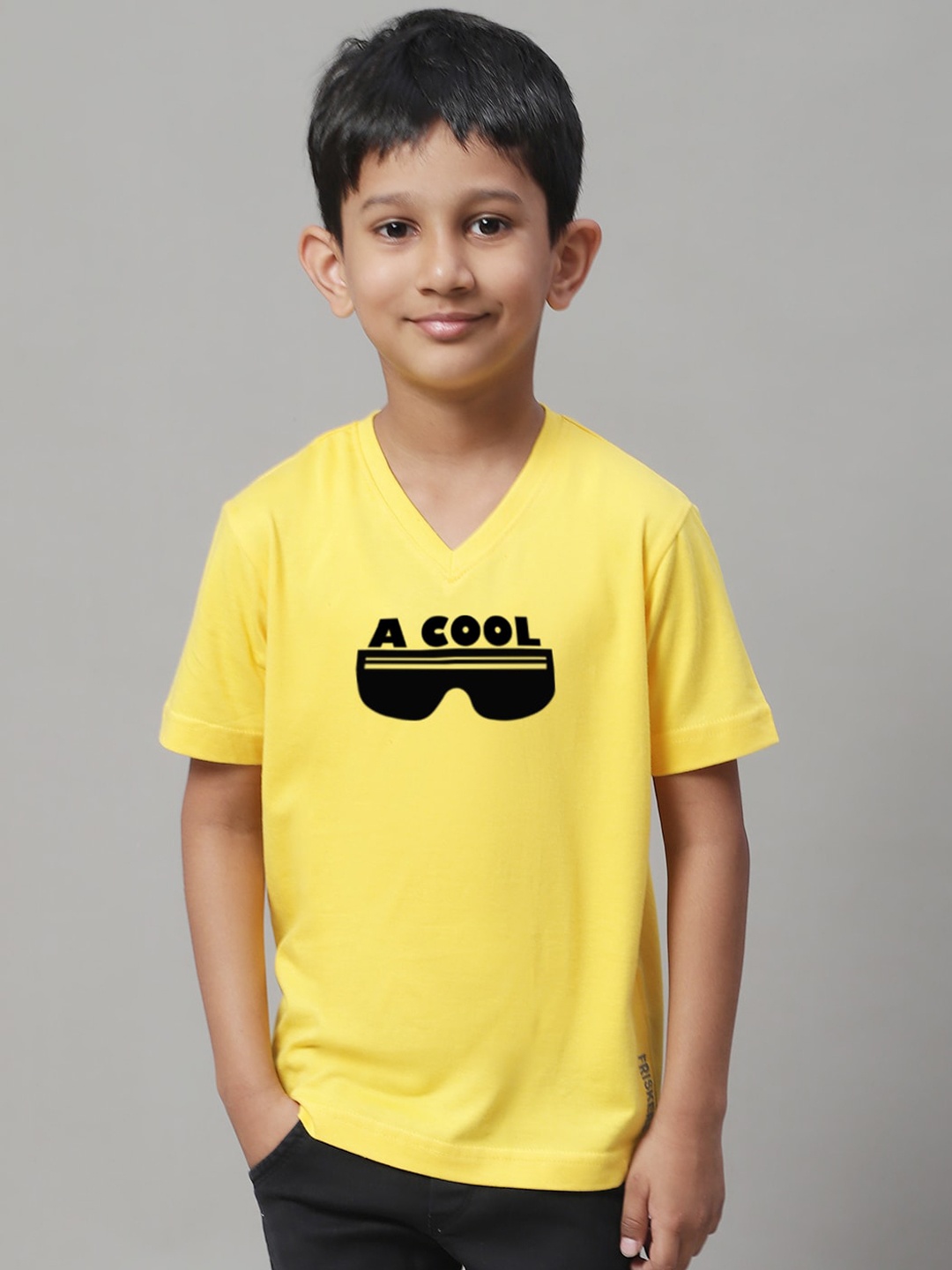 

Friskers Boys Typography Printed V-Neck Slim Fit Pure Cotton T-shirt, Yellow