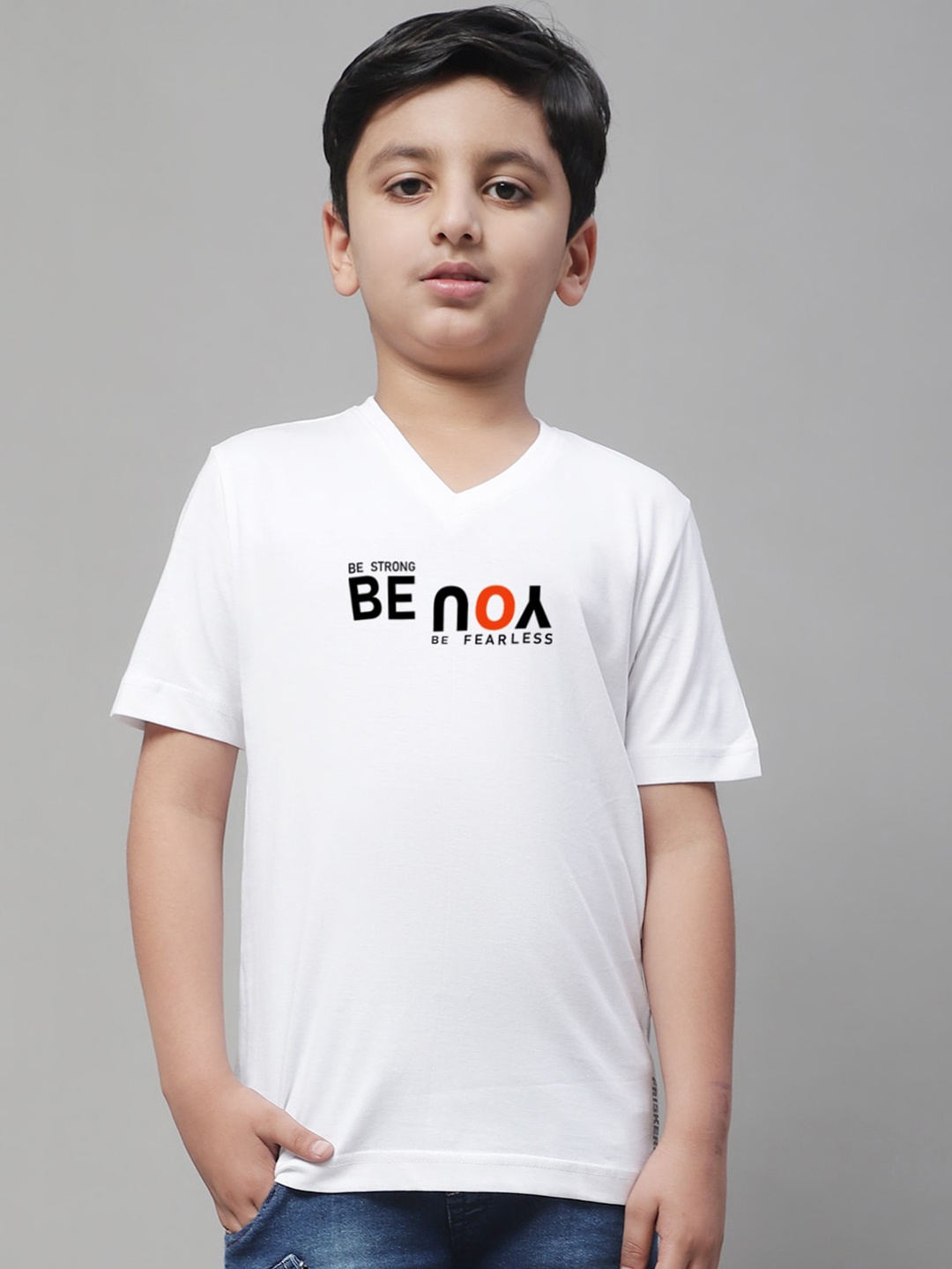

Friskers Boys Typography Printed V-Neck Pure Cotton Slim Fit T-shirt, White