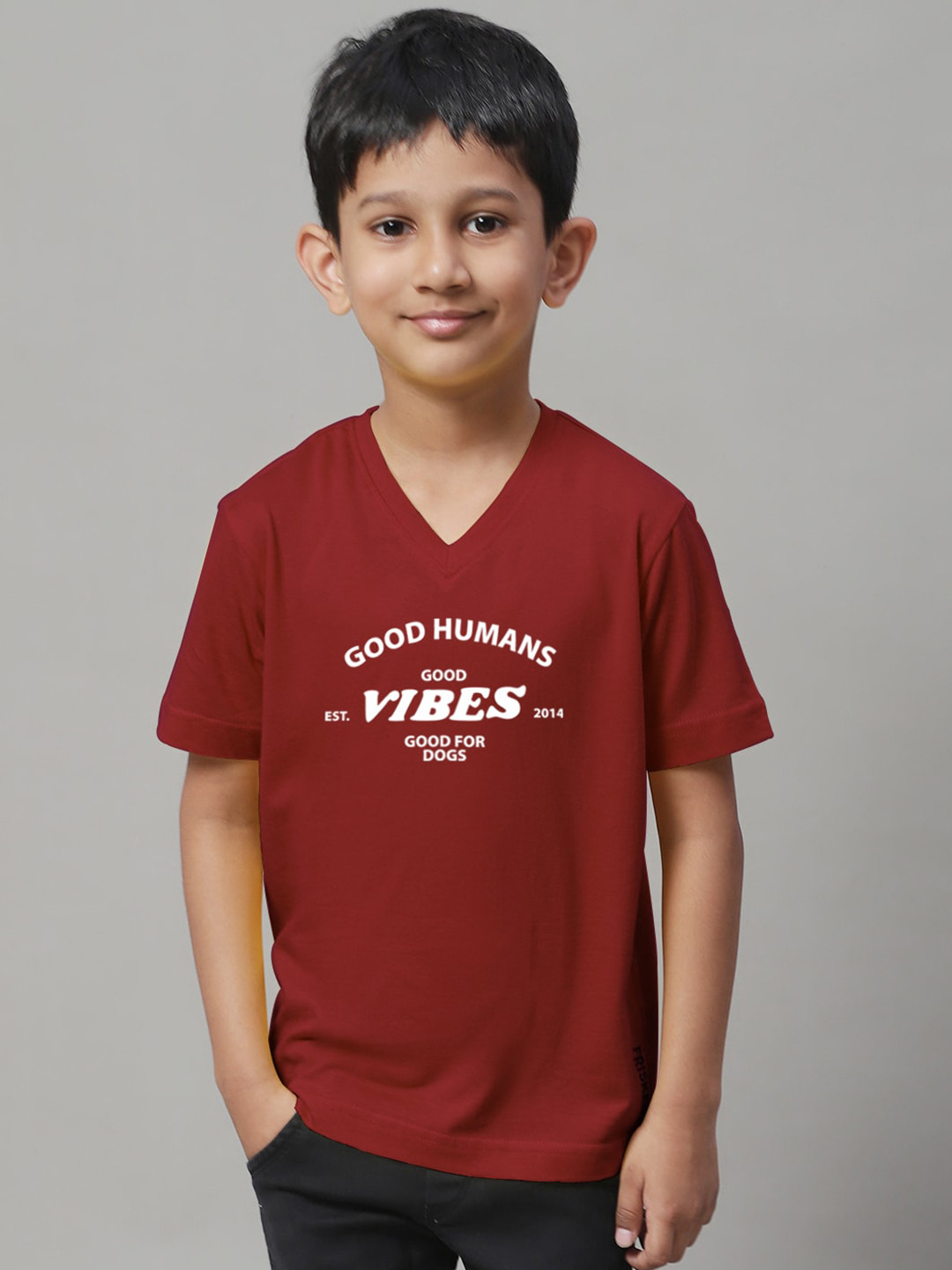 

Friskers Boys Typography Printed V-Neck Pure Cotton Slim Fit T-shirt, Maroon