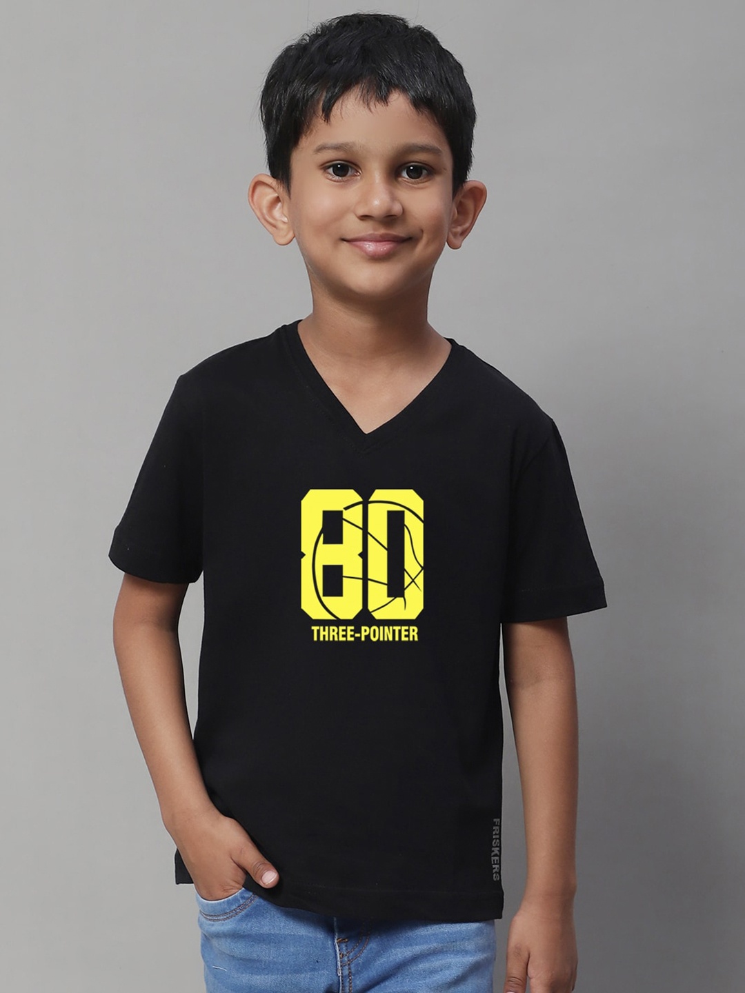 

Friskers Boys Typography Printed V-Neck Pure Cotton Slim Fit T-shirt, Black