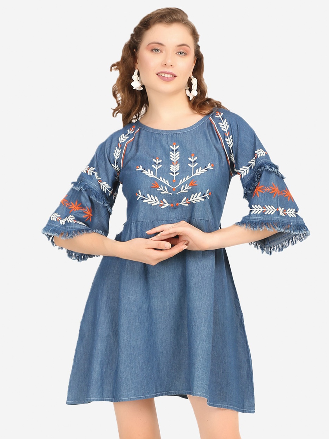 

SUMAVI-FASHION Floral Embroidered Fringed Detail Organic Cotton Denim Fit & Flare Dress, Blue