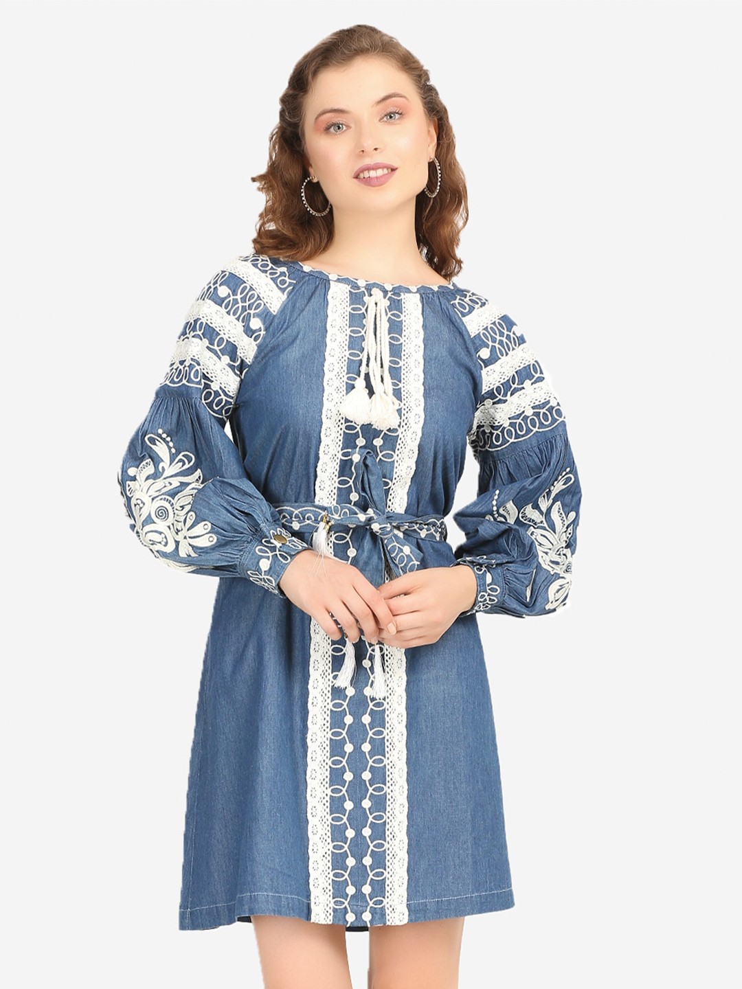 

SUMAVI-FASHION Cuffed Sleeves Lace-Up Detail Organic Cotton Denim A-Line Dress, Blue