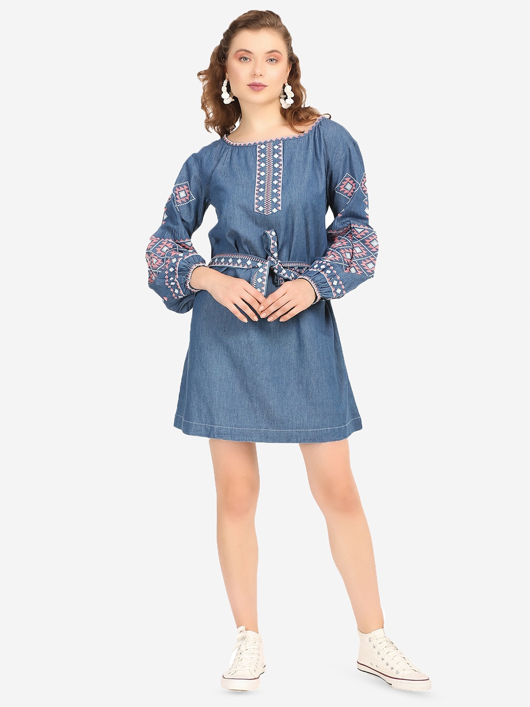 

SUMAVI-FASHION Ethnic Motifs Embroidered Puff Sleeves Organic Cotton Denim A-Line Dress, Blue