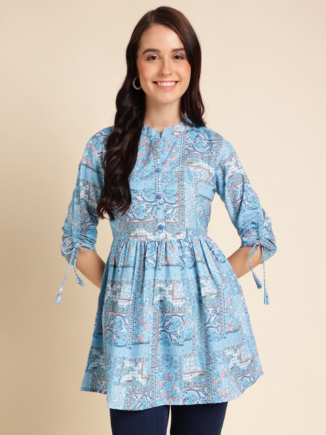 

Sangria Blue Ethnic Printed Mandarin Collar Gathered Tunic
