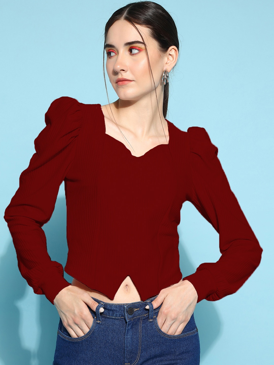 

WESTHOOD Sweetheart Neck Puff Sleeve Crop Top, Maroon