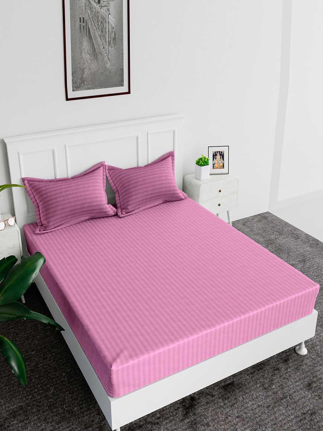 

Kuber Industries Pink Striped Cotton 144 TC Queen Bedsheet with 2 Pillow Covers