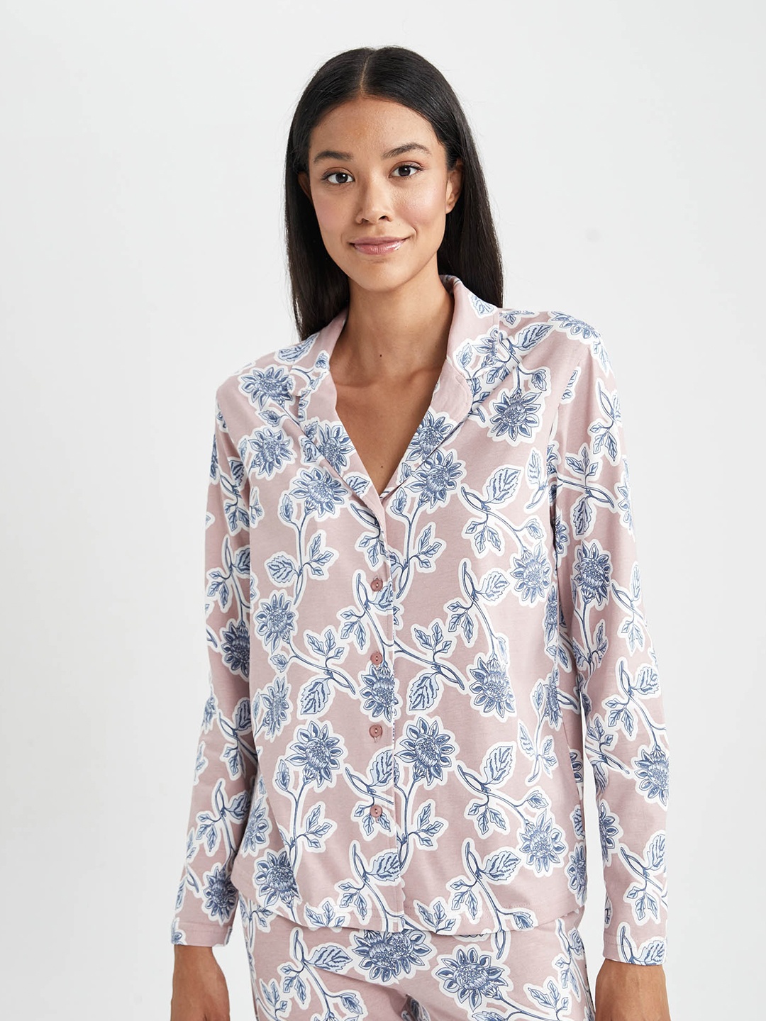 

DeFacto Floral Printed Pure Cotton Shirt Style Top, Pink