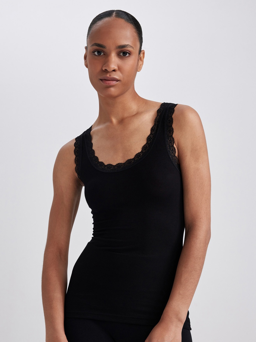 

DeFacto Lace Inserted Scoop Neck Tank Top, Black