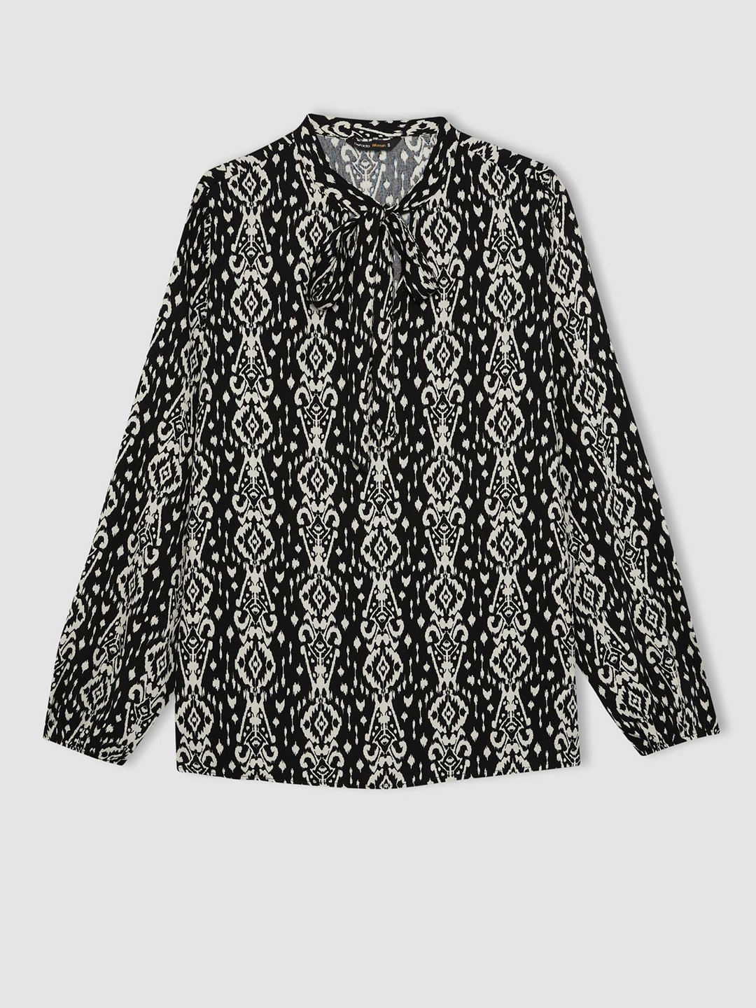 

DeFacto Abstract Printed Tie-Up Neck Puff Sleeves Top, Black