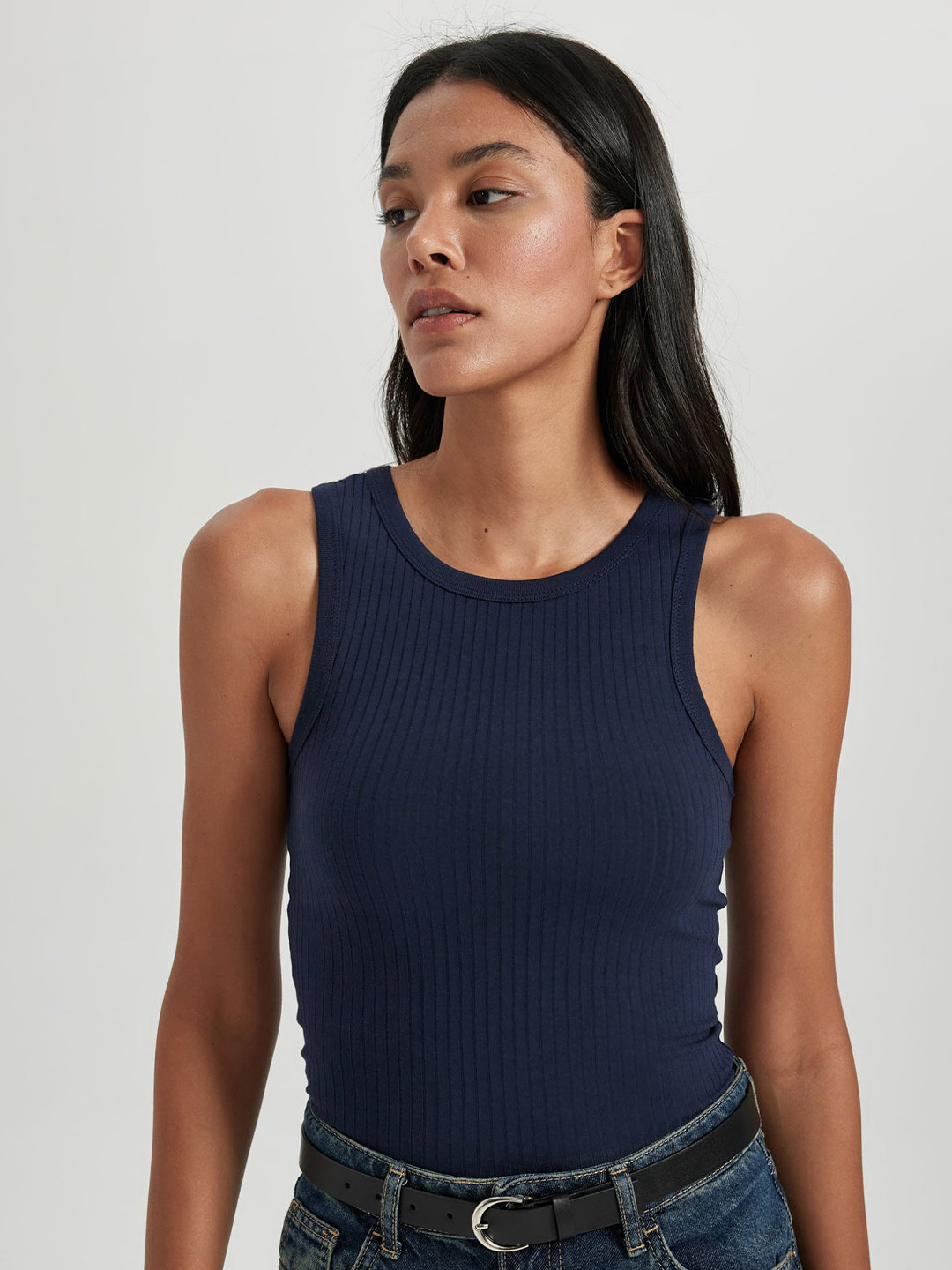 

DeFacto Round Neck Sleeveless Cotton Top, Navy blue