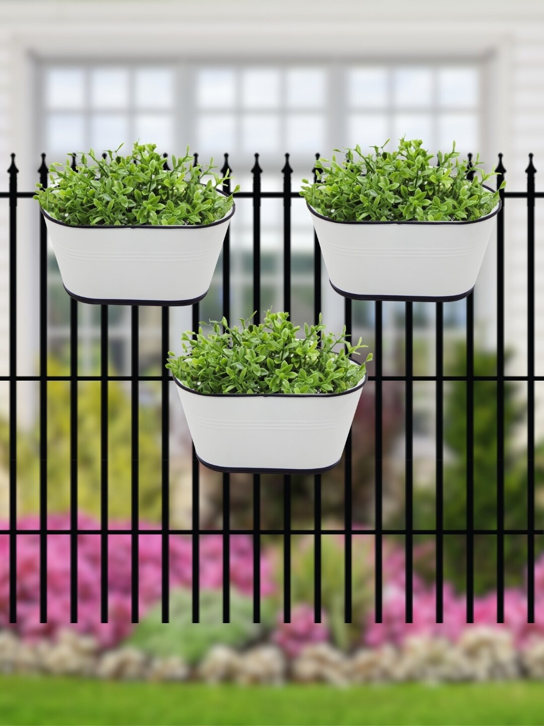 

ecofynd 3 Pcs White Metal Oval Balcony Hanging Planter