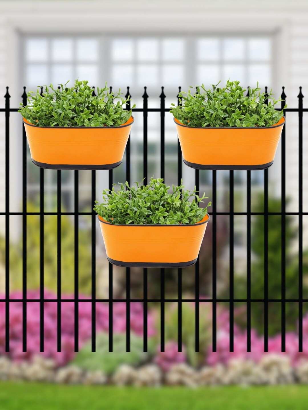 

ecofynd Railing Planter 3 Pieces Metal Oval Balcony Hanging Planters, Orange