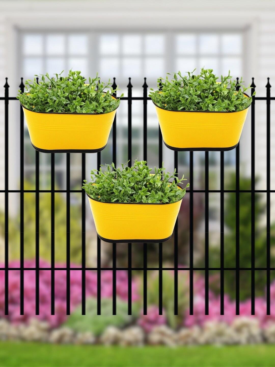 

ecofynd 3 Pcs Yellow Metal Oval Balcony Hanging Planter