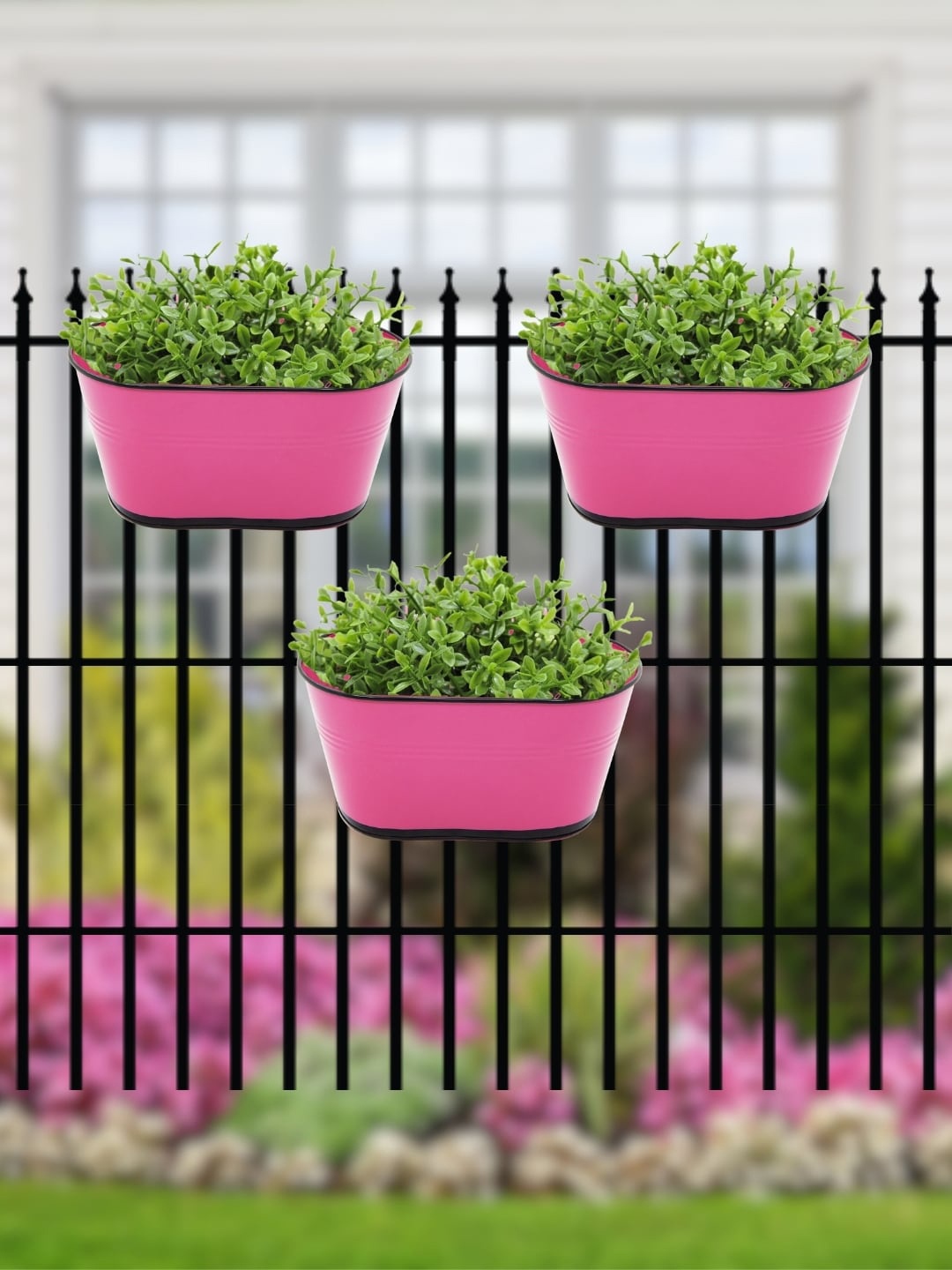 

ecofynd 3 Pcs Pink Metal Oval Balcony Hanging Planter