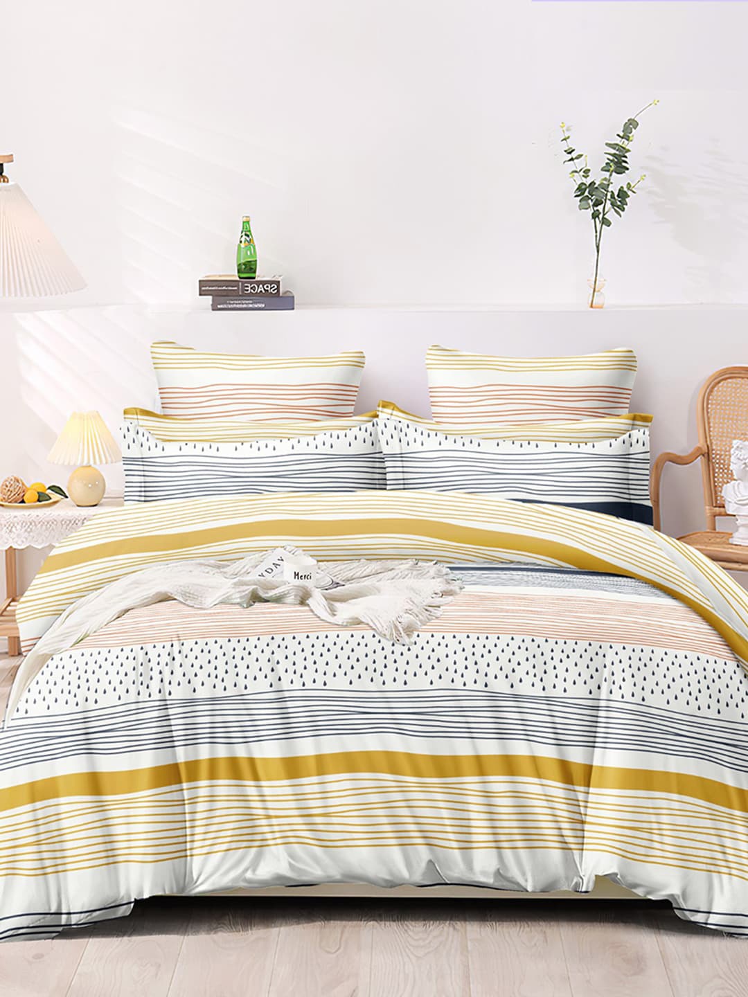 

AEROHAVEN Premium Yellow & White Striped Cotton 300 TC King Bedsheet with 2 Pillow Covers