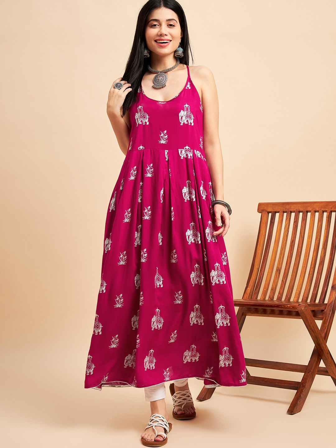

Sangria Pink Ethnic Motifs Printed Shoulder Straps A-Line Kurta