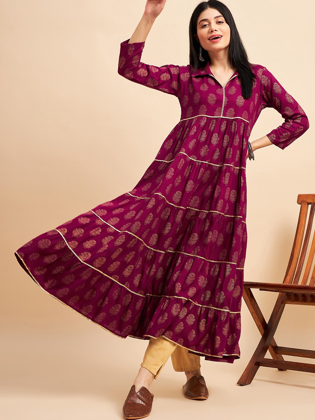 

Sangria Printed Anarkali Kurtas, Magenta