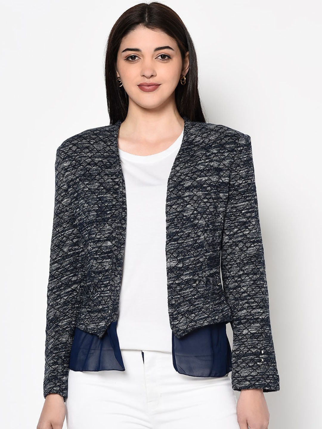 

Miss Grace Abstract Printed Collarless Open Front Jacket, Navy blue