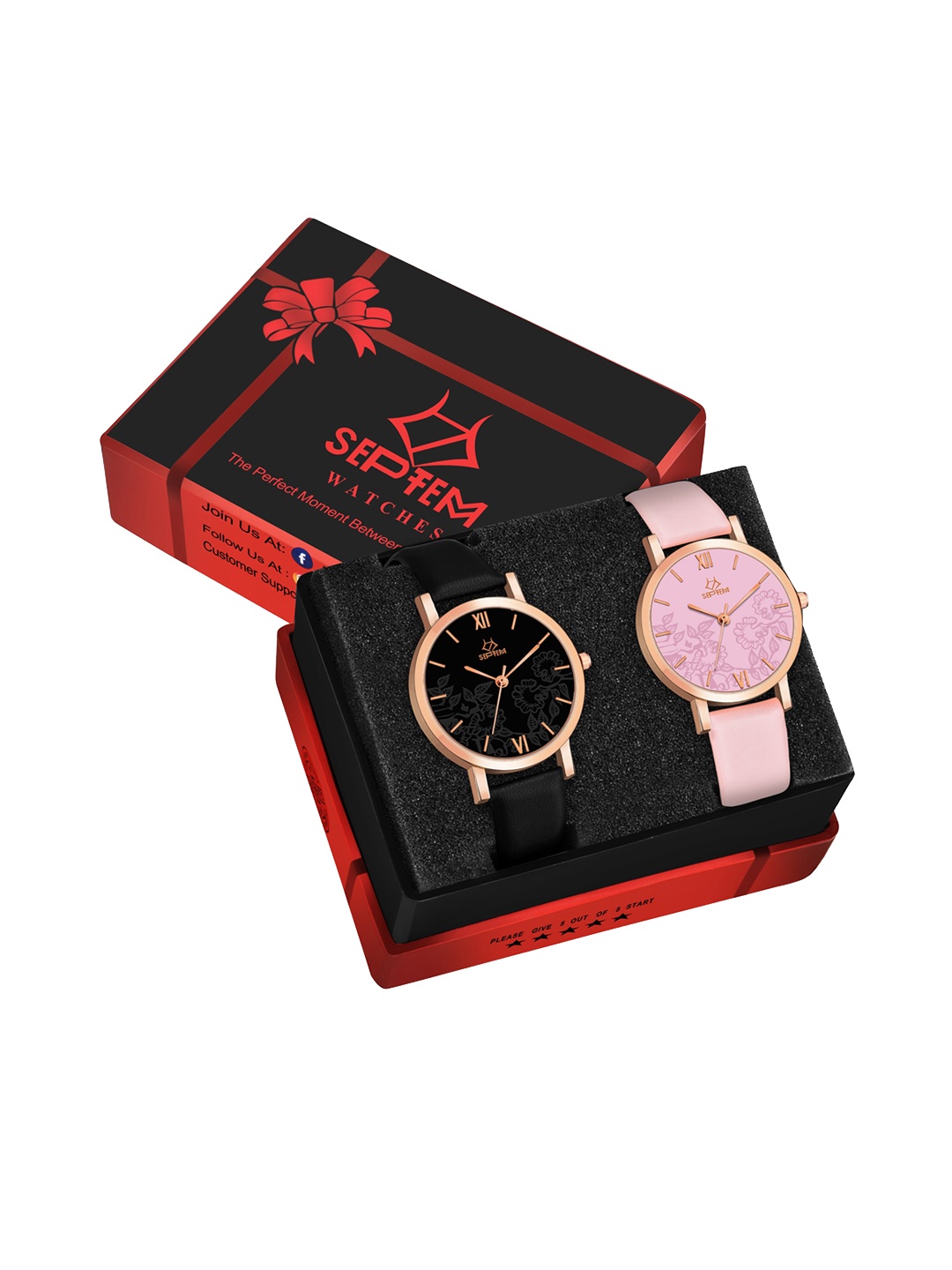 

Septem Pack Of 2 Women Leather Straps Analogue Watch SP-118.Black-Pink-Septem