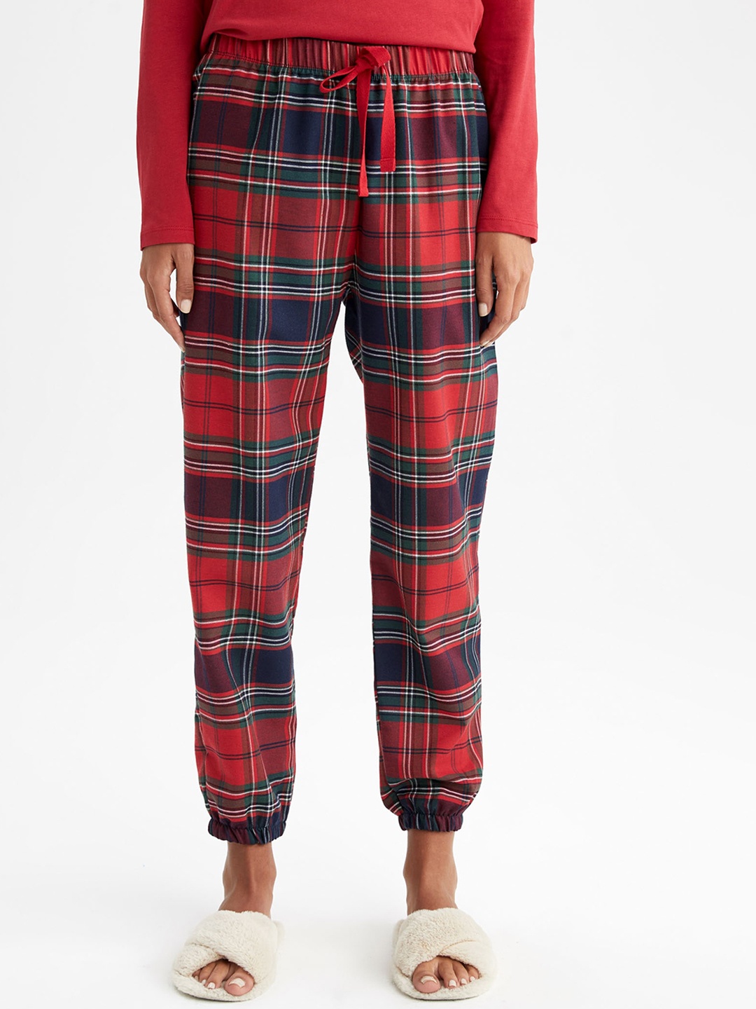 

DeFacto Women Checked Mid-Rise Joggers, Red