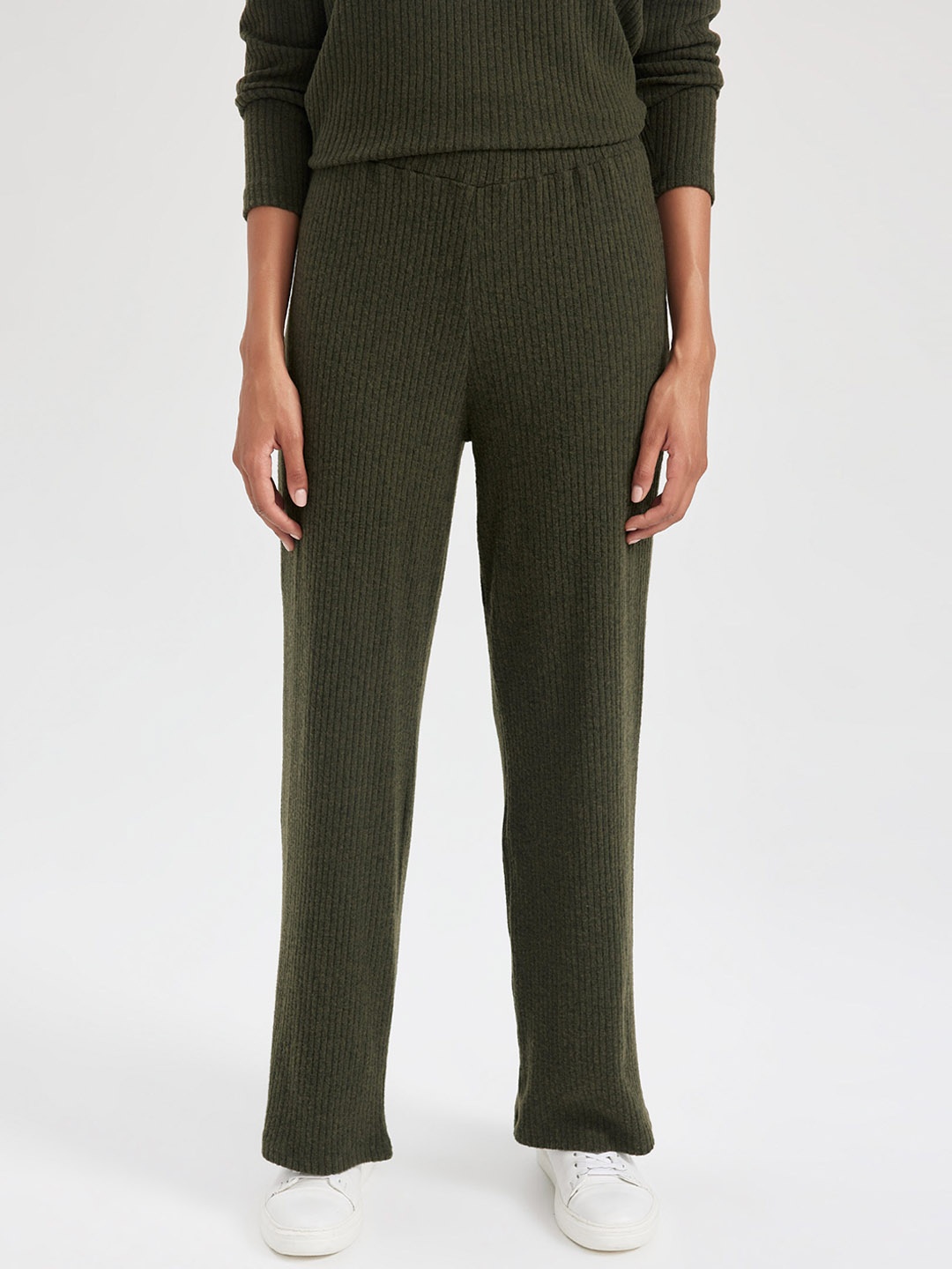

DeFacto Women Ribbed Self Design Parallel Trousers, Green