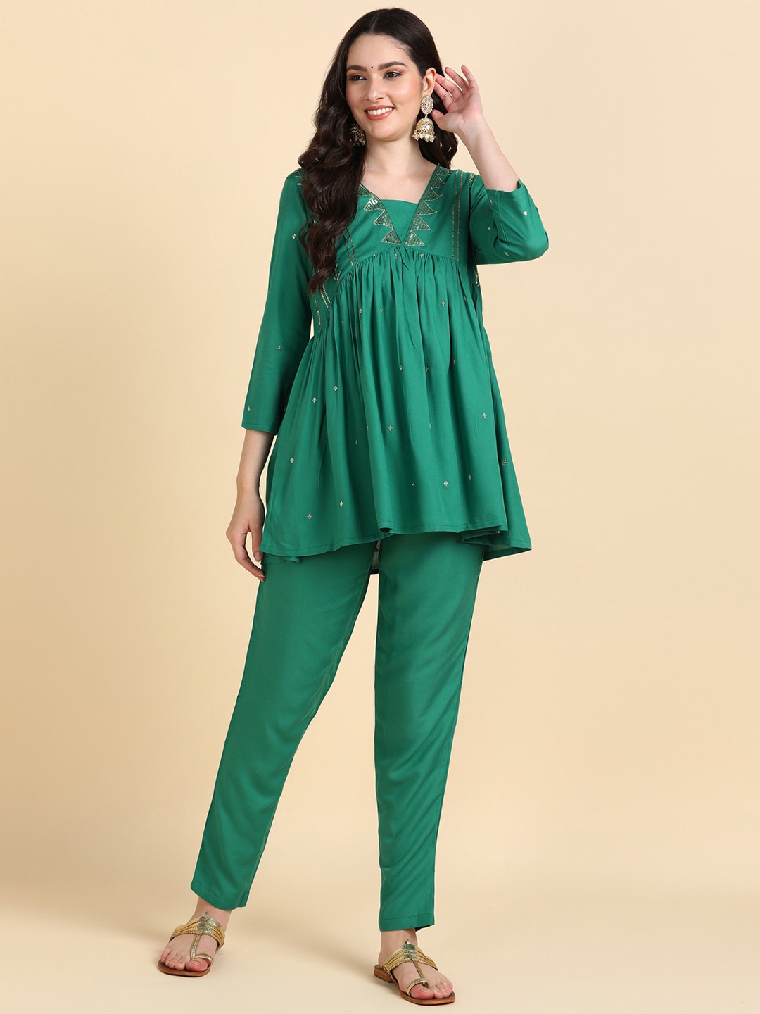 

HERE&NOW Green Ethnic Motifs Embroidered A-Line Kurti with Trousers