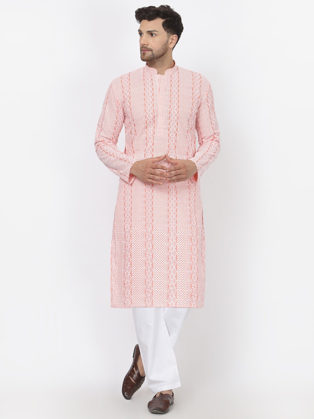 

MOHANLAL SONS Ethnic Motifs Embroidered Thread Work Mandarin Collar Cotton Straight Kurta, Peach