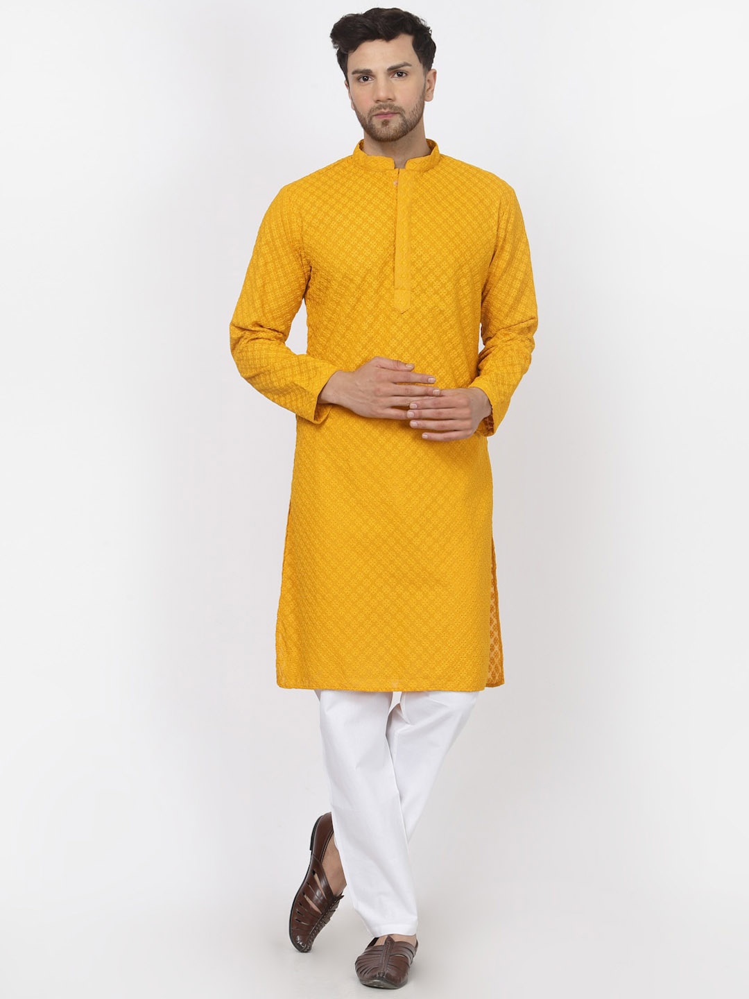 

MOHANLAL SONS Floral Embroidered Thread Work Straight Pure Cotton Kurta, Mustard