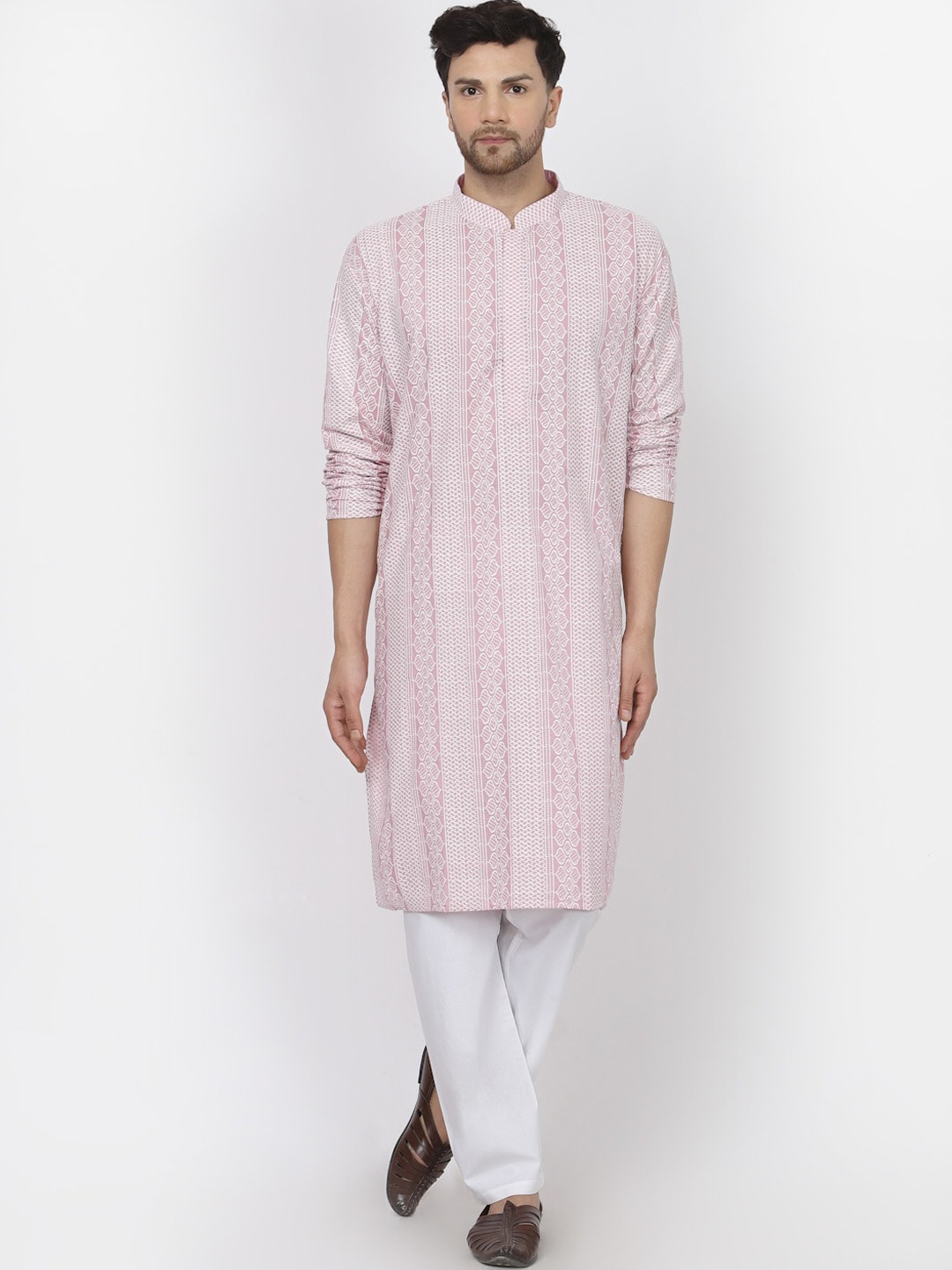 

MOHANLAL SONS Geometric Embroidered Thread Work Straight Pure Cotton Kurta, Pink