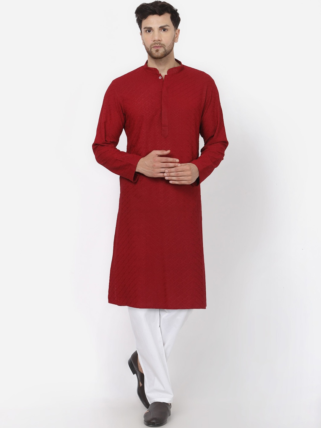 

MOHANLAL SONS Geometric Embroidered Thread Work Straight Pure Cotton Kurta, Maroon