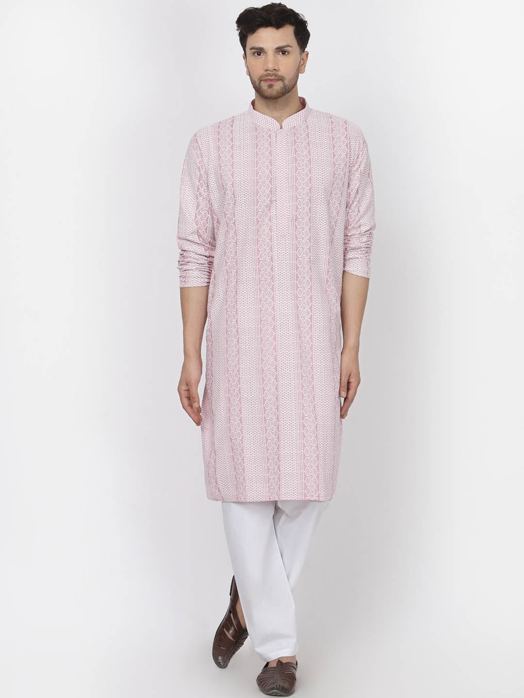

MOHANLAL SONS Geometric Embroidered Thread Work Straight Pure Cotton Kurta, Pink