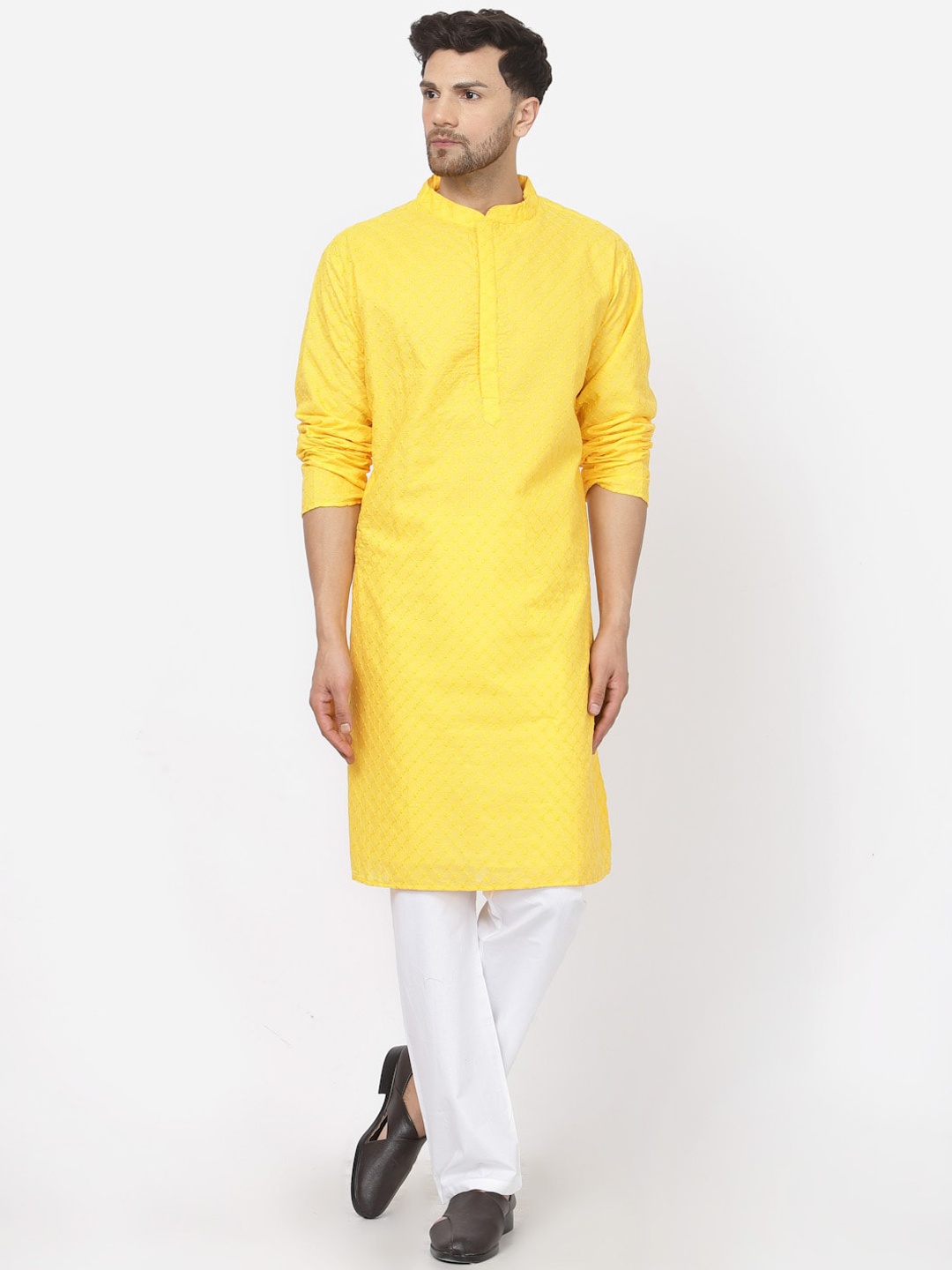 

MOHANLAL SONS Ethnic Motifs Embroidered Mandarin Collar Long Sleeves Straight Kurta, Yellow