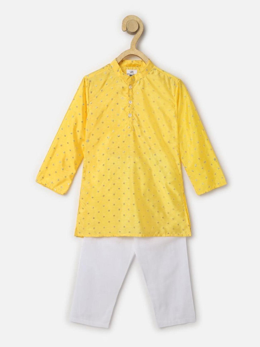 

UrbanMark Boys Ethnic Motif Woven Design Zari Regular Straight Kurta with Pyjamas, Yellow