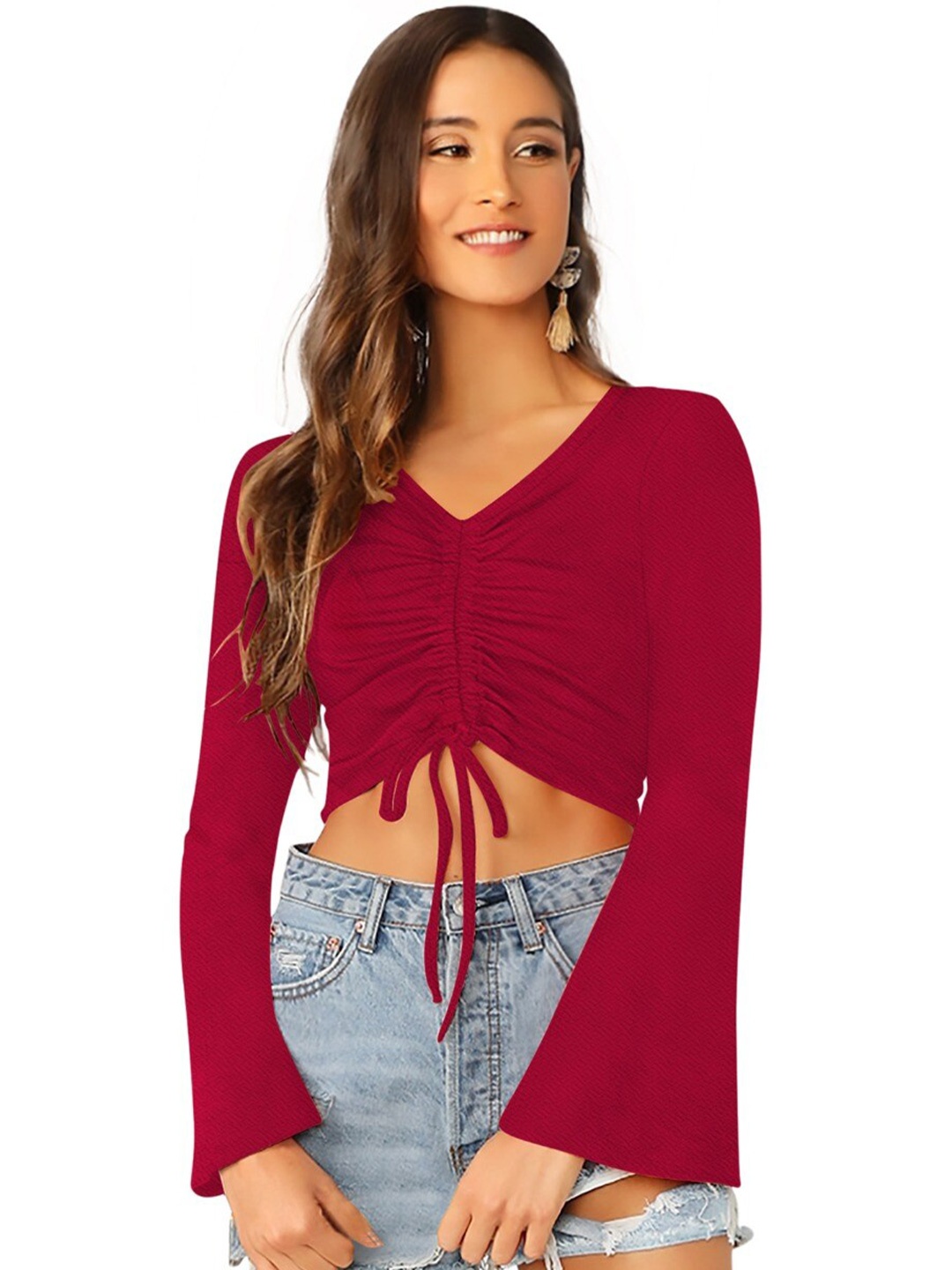 

BAESD V-Neck Bell Sleeve Ruched Fitted Crop Top, Maroon