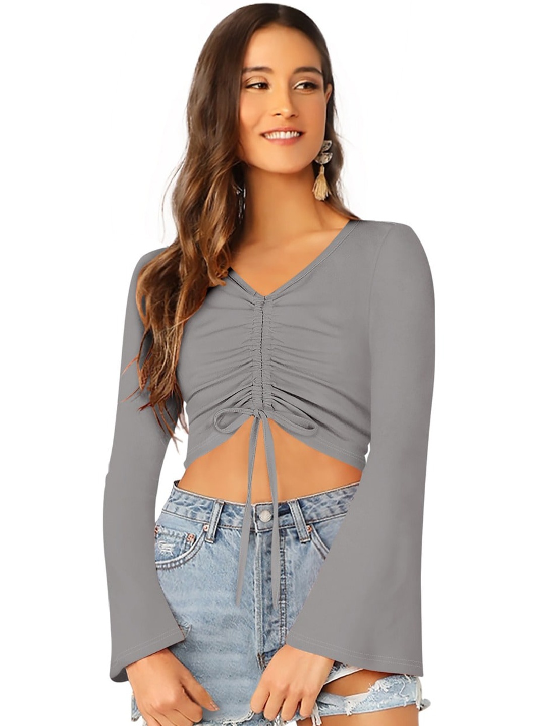 

BAESD V-Neck Bell Sleeve Ruched Fitted Crop Top, Grey